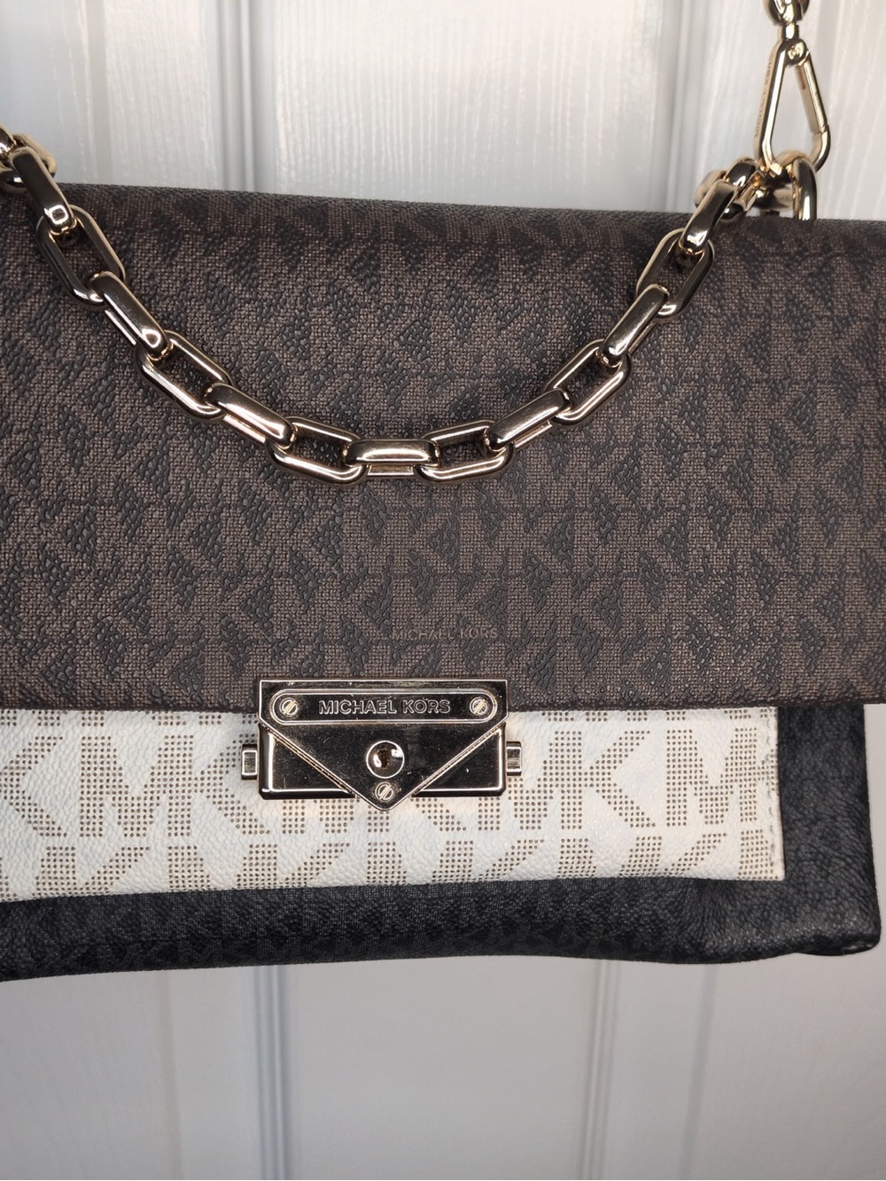 Michael Kors Brown and Black Logo Chain-Strap Crossbody Bag flawless